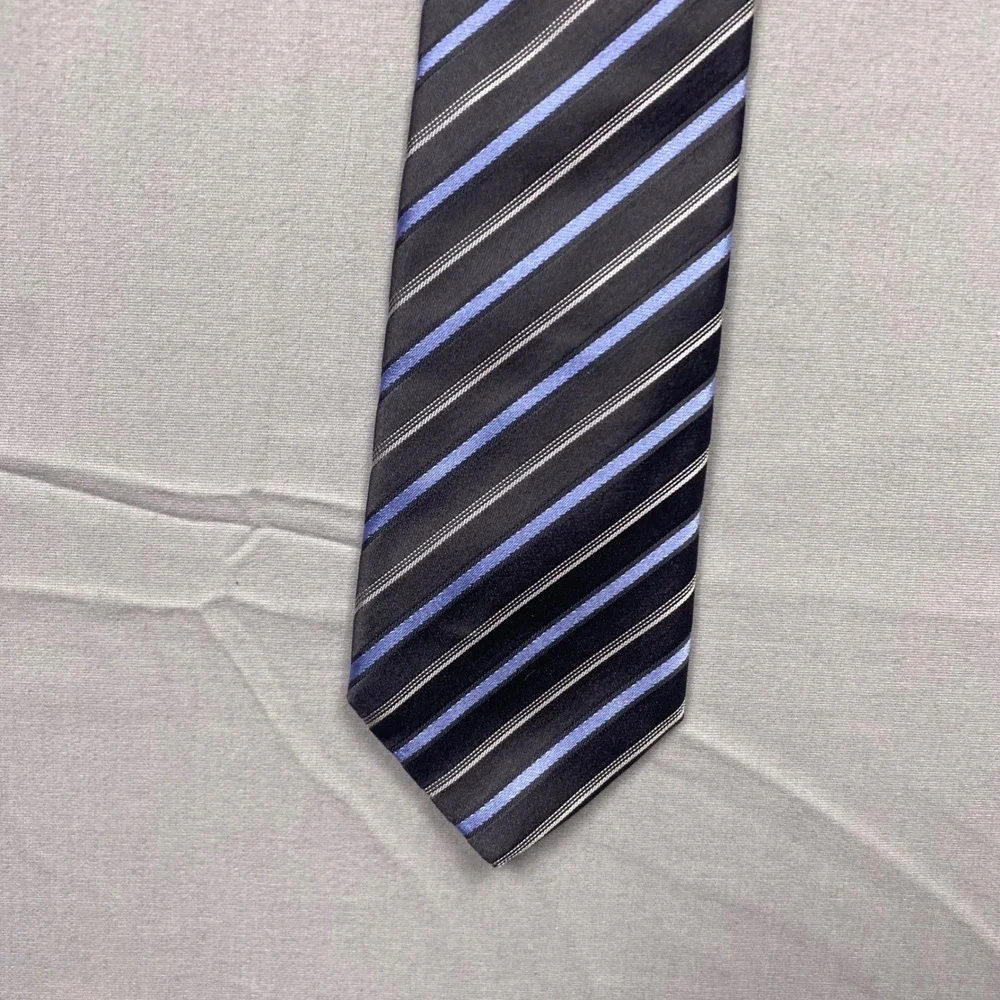 Hugo Boss Hugo Mens Silk Tie Gray Blue Striped Necktie Made In Italy 100%‎ Silk